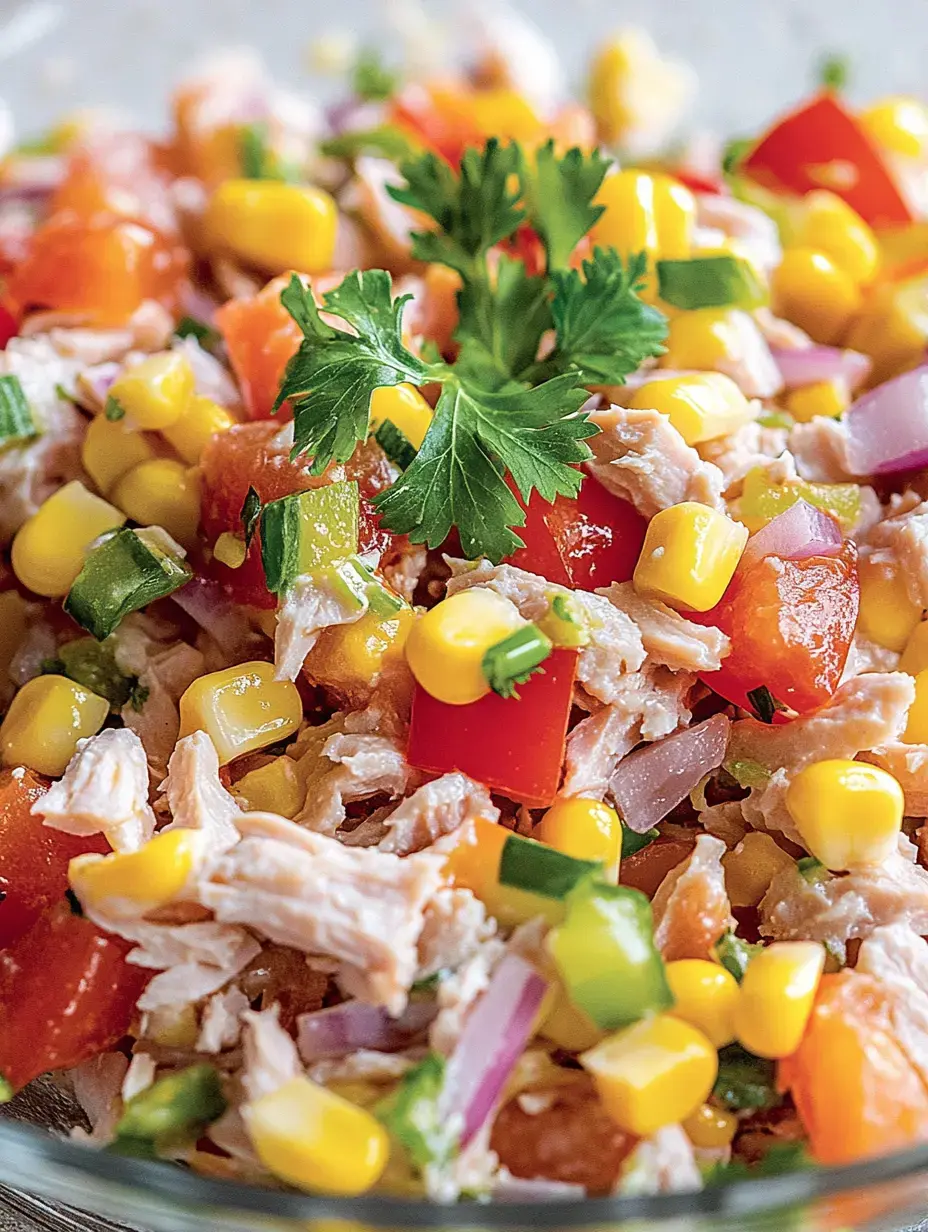 Un mélange coloré de poulet, maïs, tomates, poivrons et oignons, garni de coriandre fraîche.