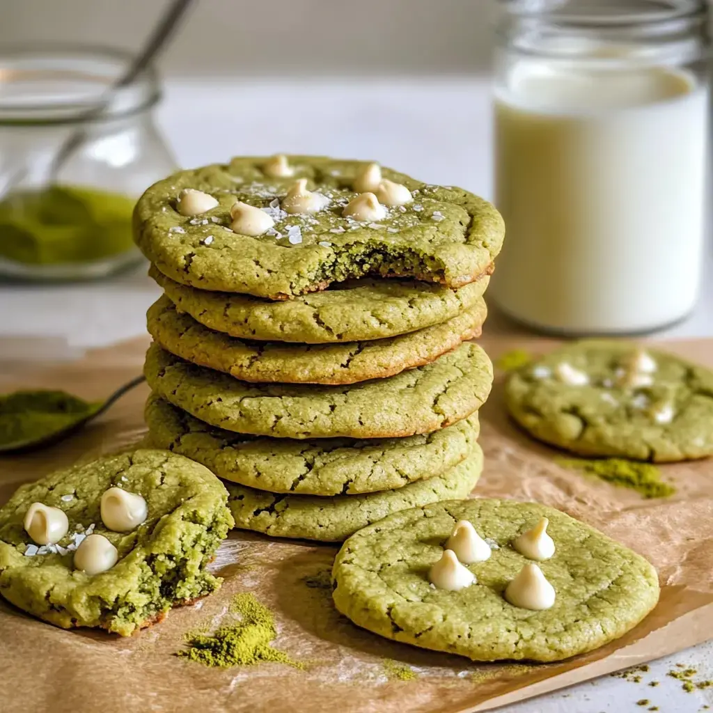 Une pile de cookies vert matcha avec des morceaux de chocolat blanc et un verre de lait en arrière-plan.
