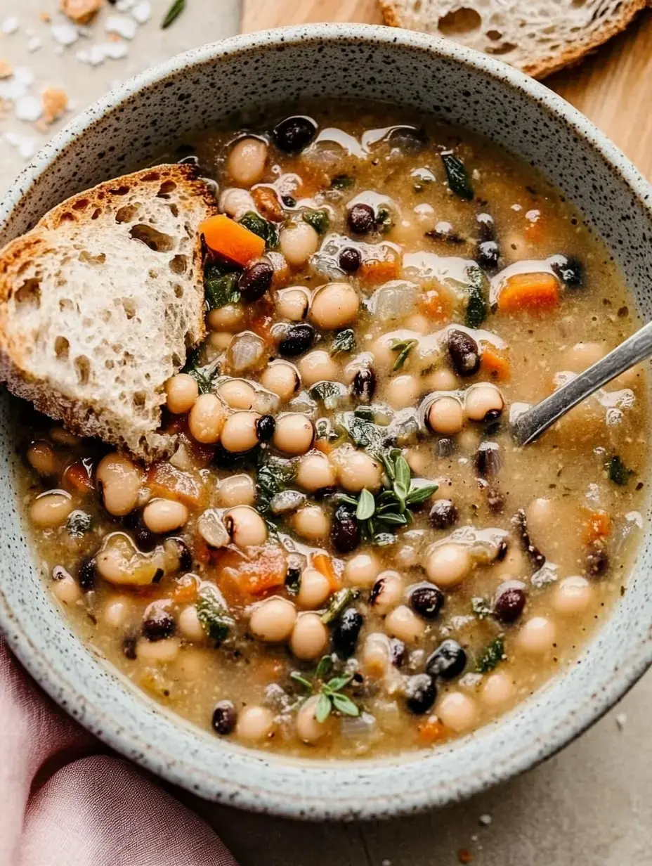 Un bol rempli d'une soupe copieuse aux haricots blancs et noirs avec des légumes, accompagné d'un morceau de pain.