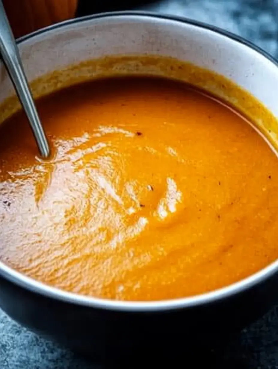 Une assiette noire contenant une soupe crémeuse orange avec une cuillère dedans.