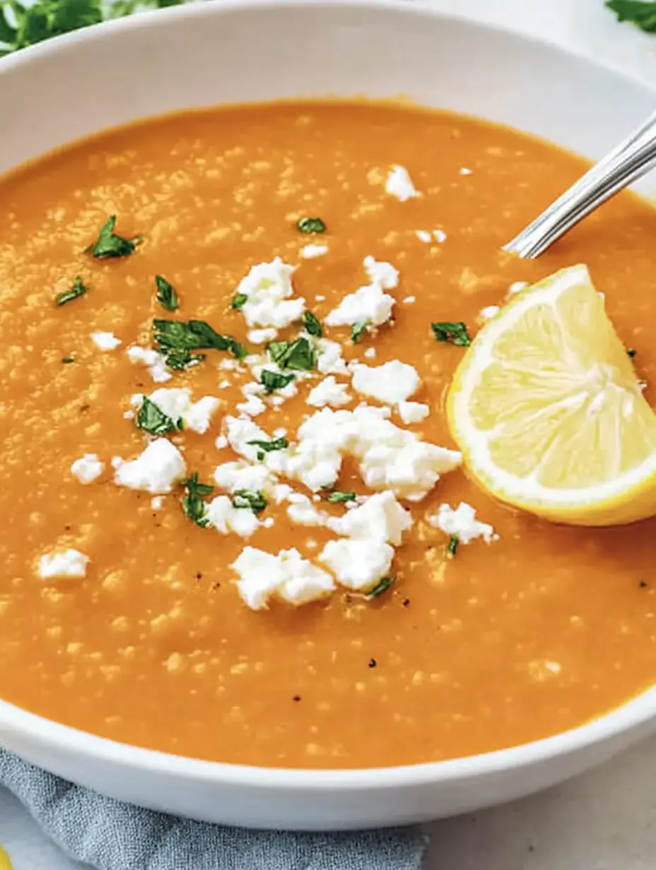 Un bol de soupe crémeuse orange, garni d'herbes fraîches, de fromage blanc émietté et d'une tranche de citron.