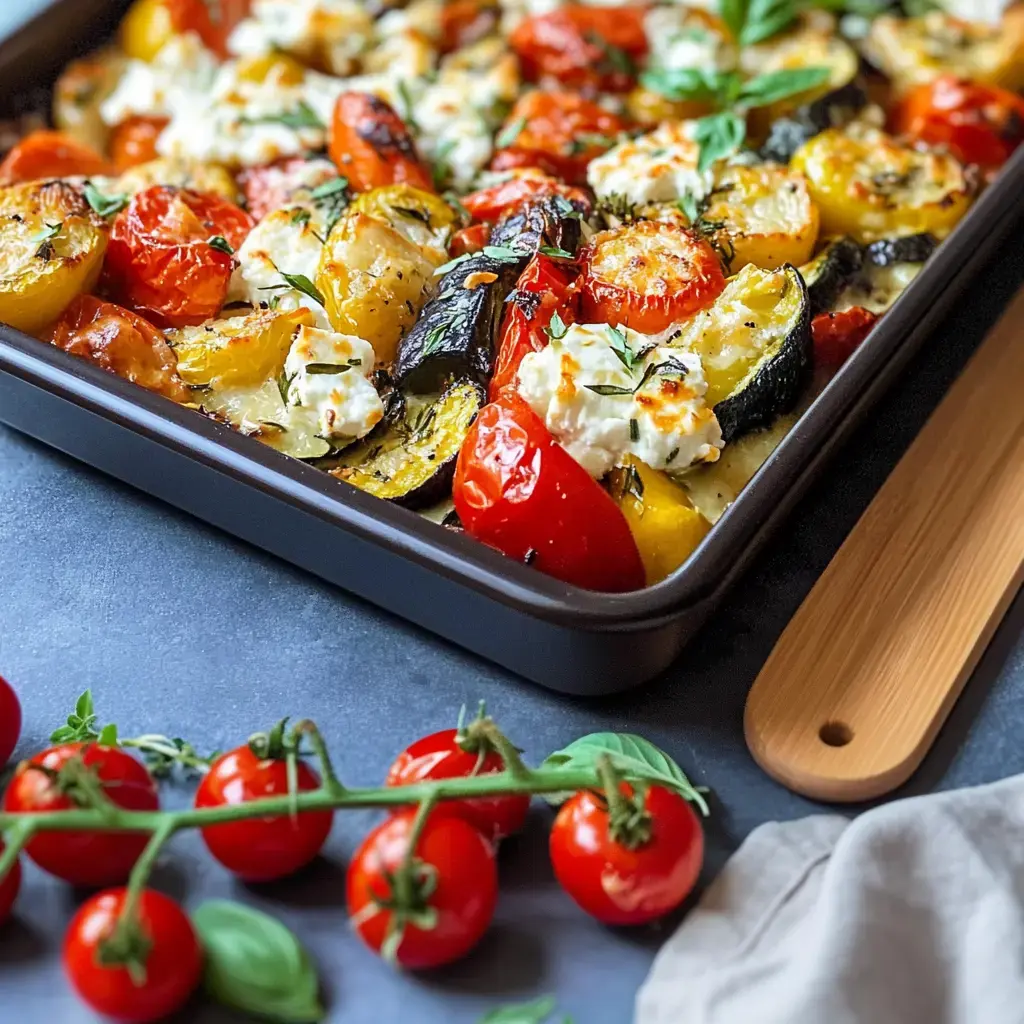 Une plaque de légumes rôtis avec courgettes, tomates et feta, garnie d'herbes fraîches.