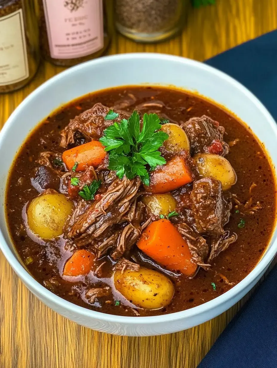 Une assiette de ragoût de bœuf avec pommes de terre, carottes et persil, servie dans un bol blanc.