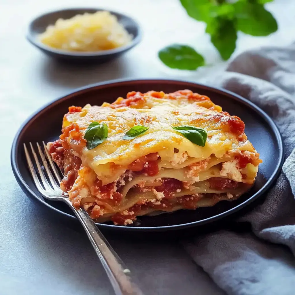 Un morceau de lasagne avec sauce tomate et basilic frais sur une assiette noire, à côté d'un petit bol de fromage râpé.