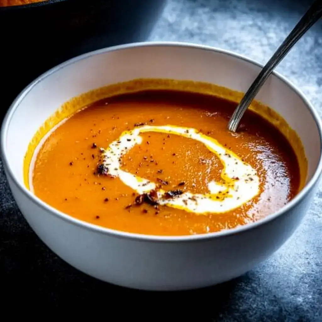 Un bol de soupe crémeuse orange, décoré avec de la crème et des épices.