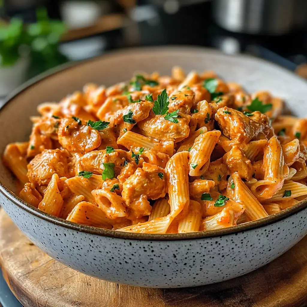 Une assiette de pâtes dans une sauce crémeuse, garnie de persil frais.