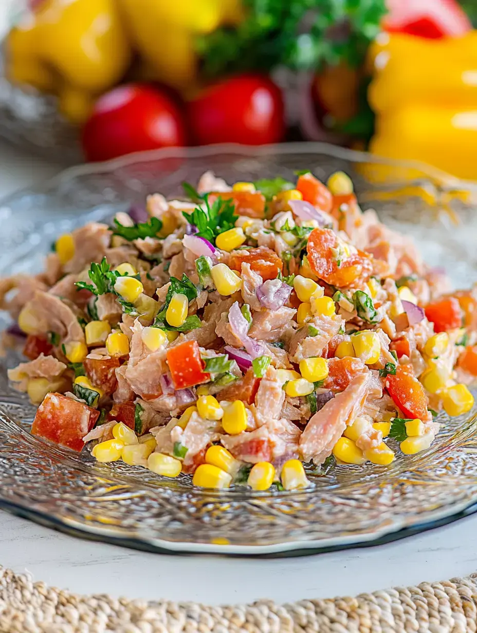 Une salade colorée de thon, maïs, tomates, oignons et herbes fraîches sur une assiette décorative.