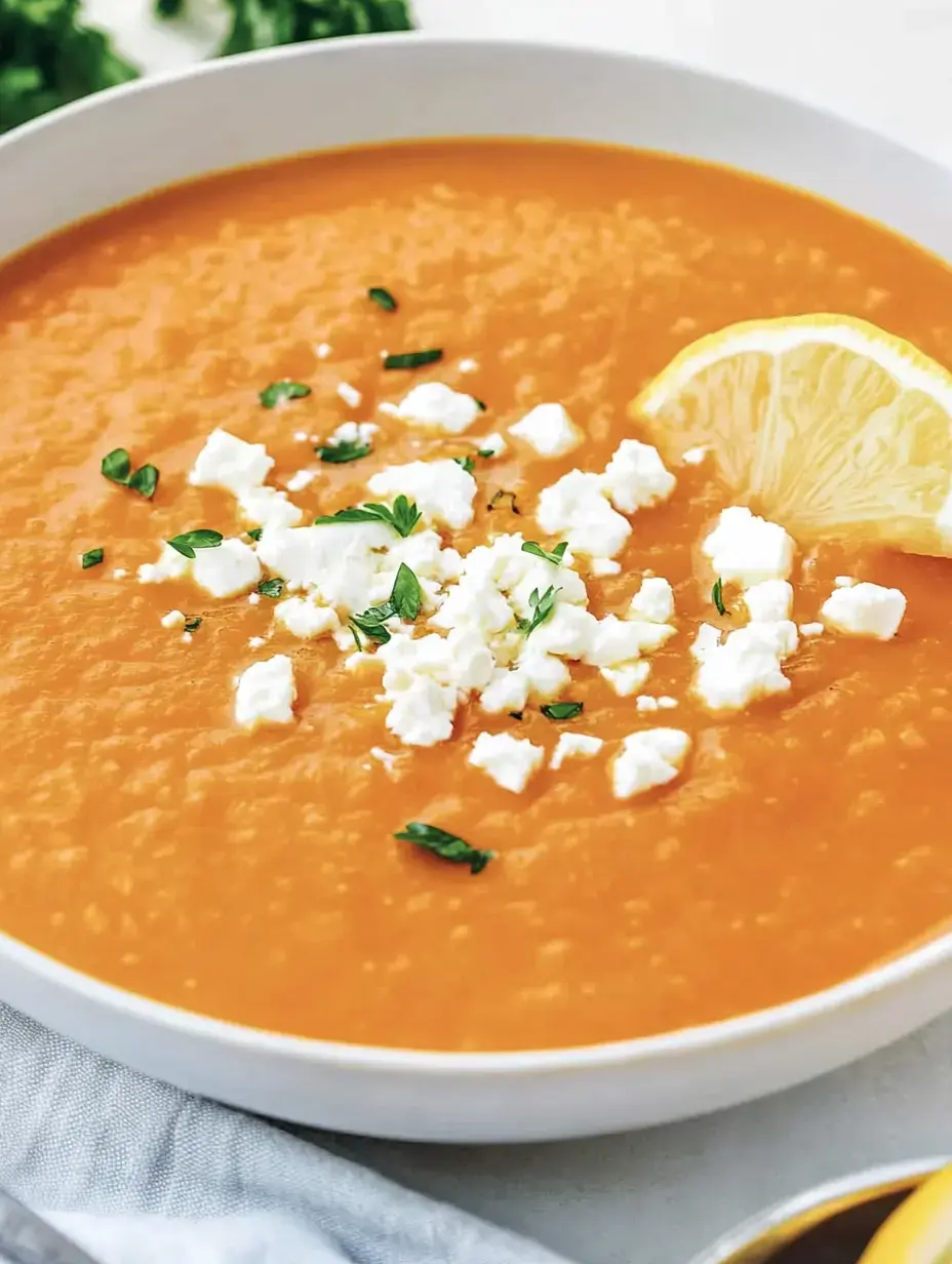 Une soupe crémeuse de couleur orange, garnie de fromage feta et d'un morceau de citron, servie dans un bol blanc.