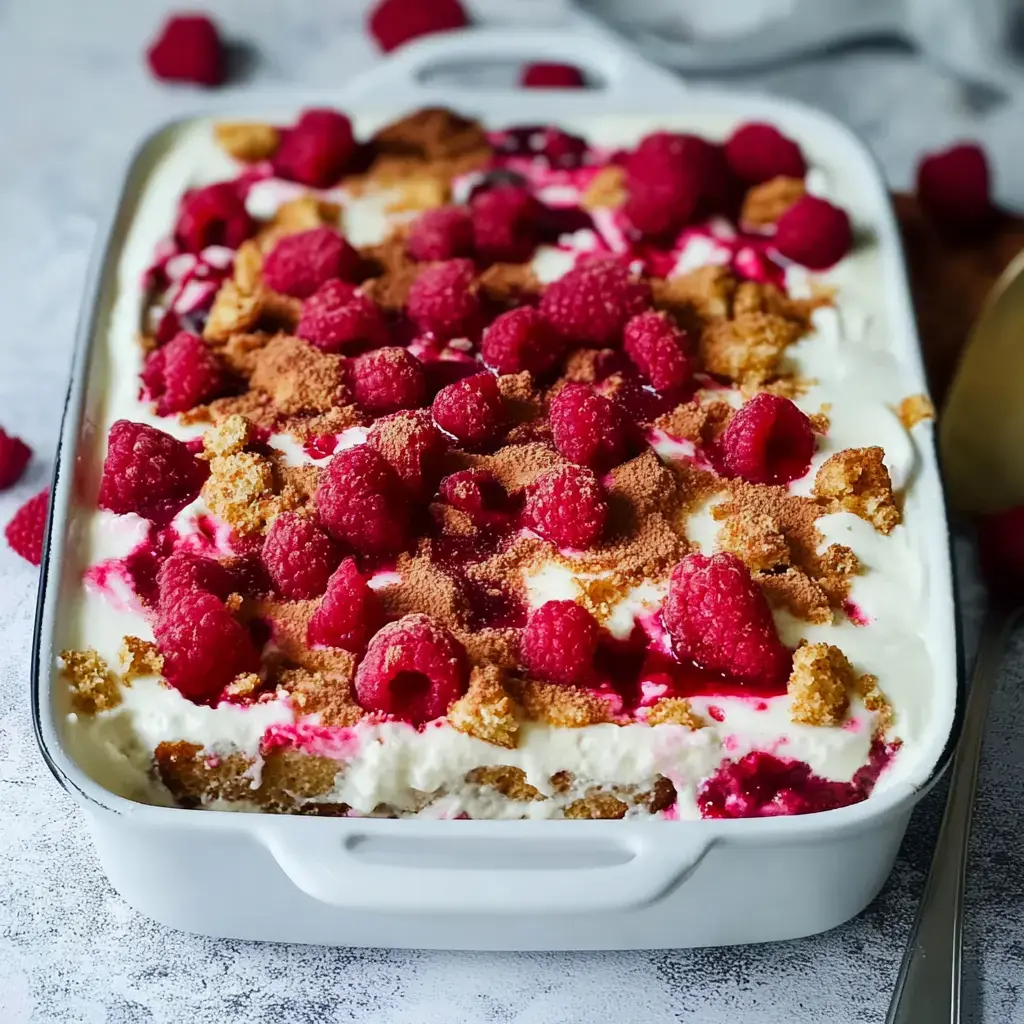 Un délicieux dessert dans un plat blanc, garni de framboises fraîches, de miettes de biscuits et de coulis de framboises.