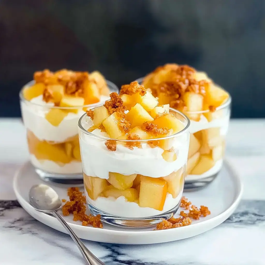 Trois verres de dessert avec des couches de pommes fraîches, crème et miettes de biscuits.
