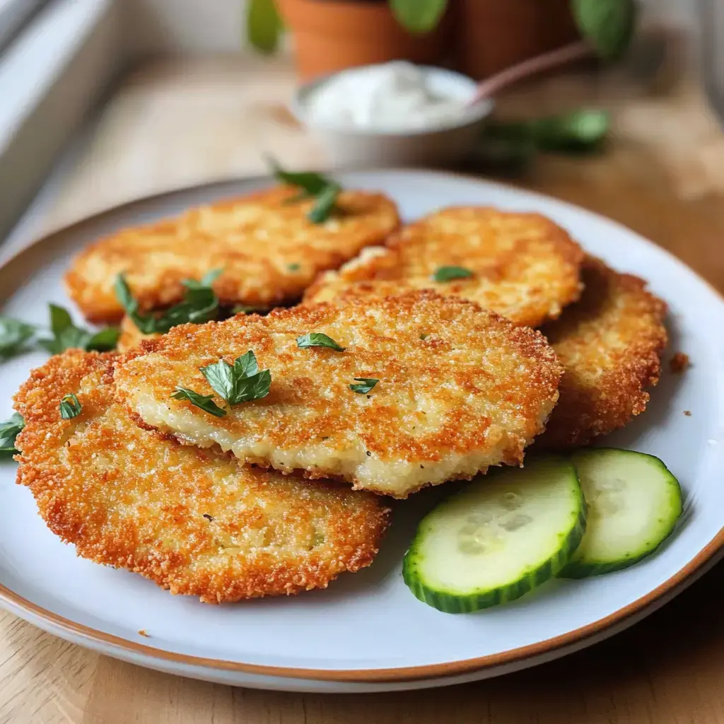 Une assiette de galettes de pommes de terre croustillantes, garnies de persil frais et servies avec des rondelles de concombre.