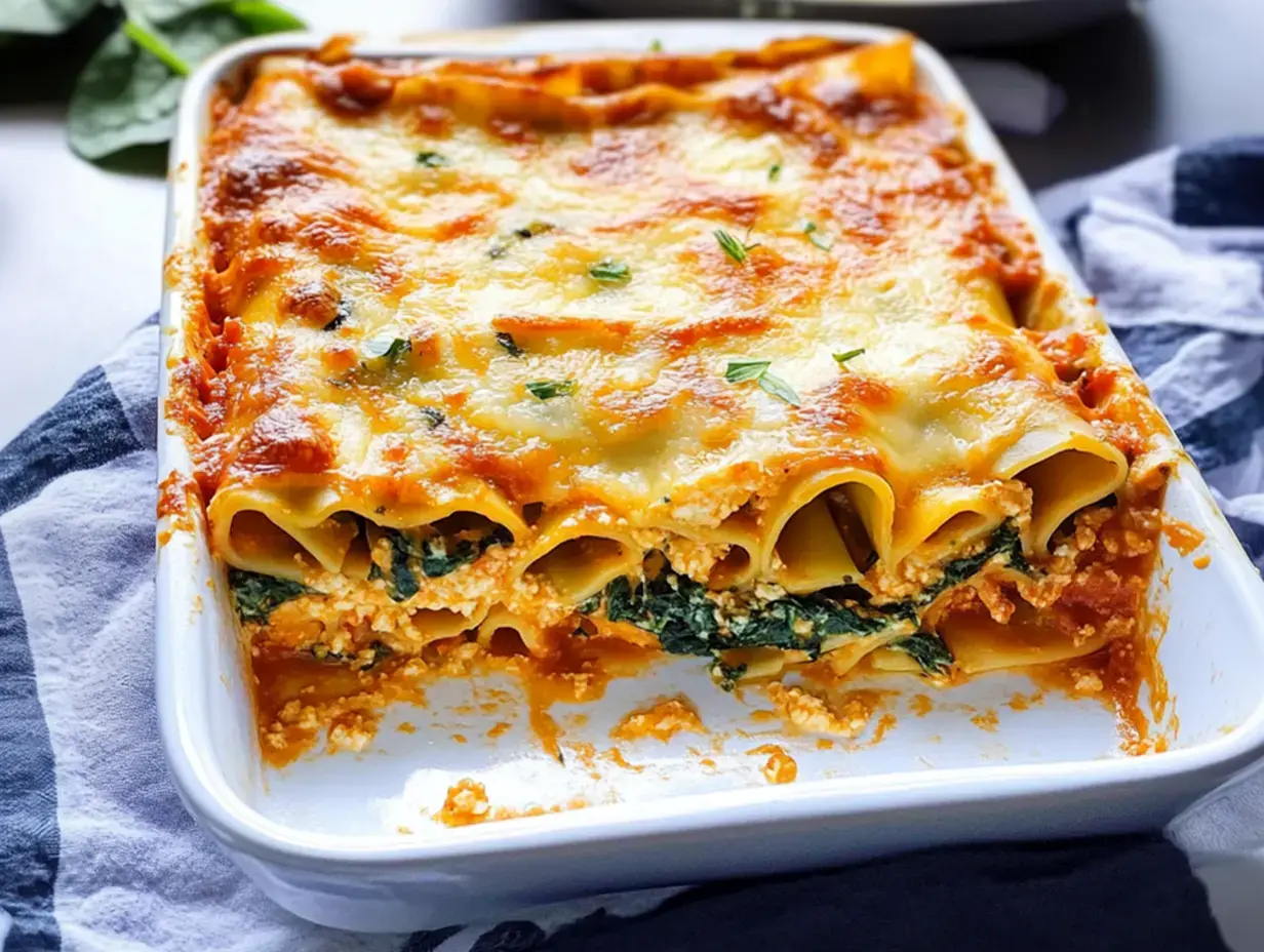 Un plat de gratin avec des lasagnes, farcies d'épinards et de ricotta, gratinées au fromage.