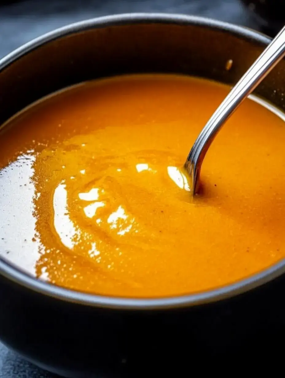 Un bol de sauce orange lisse avec une cuillère dedans.