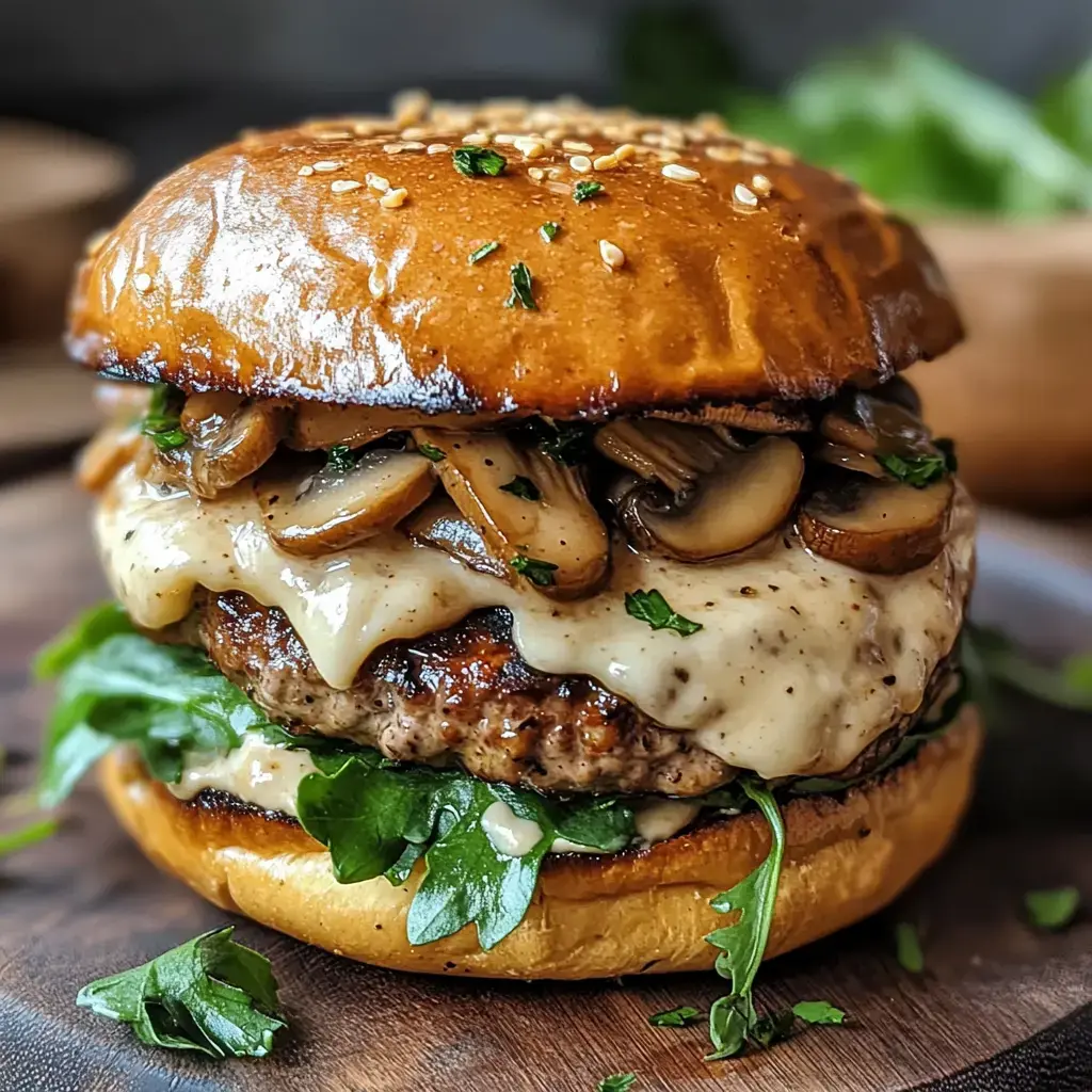 Un burger juteux garni de champignons, fromage fondu et feuilles de salade fraîche sur un pain au sésame.