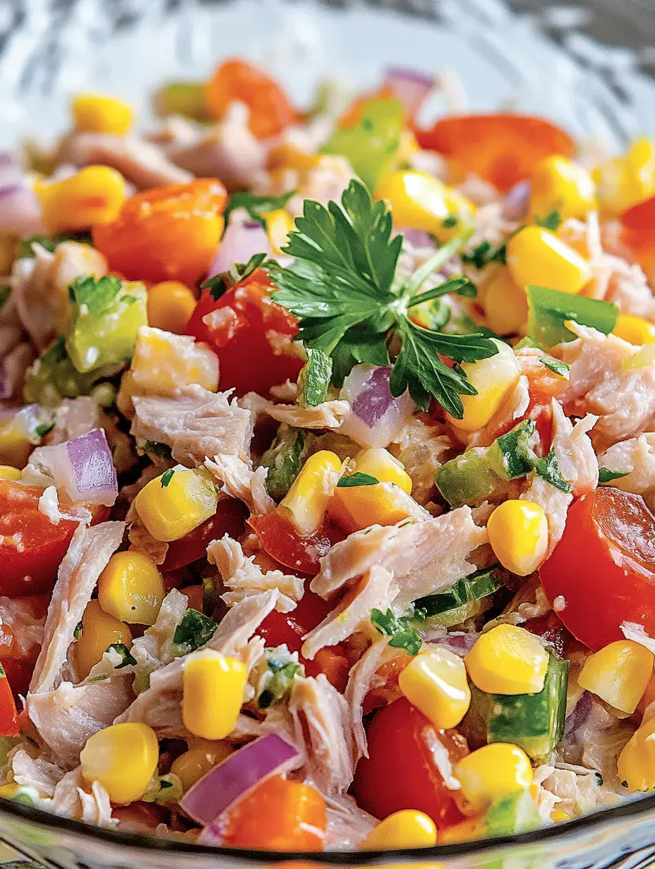 Une salade colorée de poulet effiloché, tomates, maïs, poivrons, oignons et persil frais.