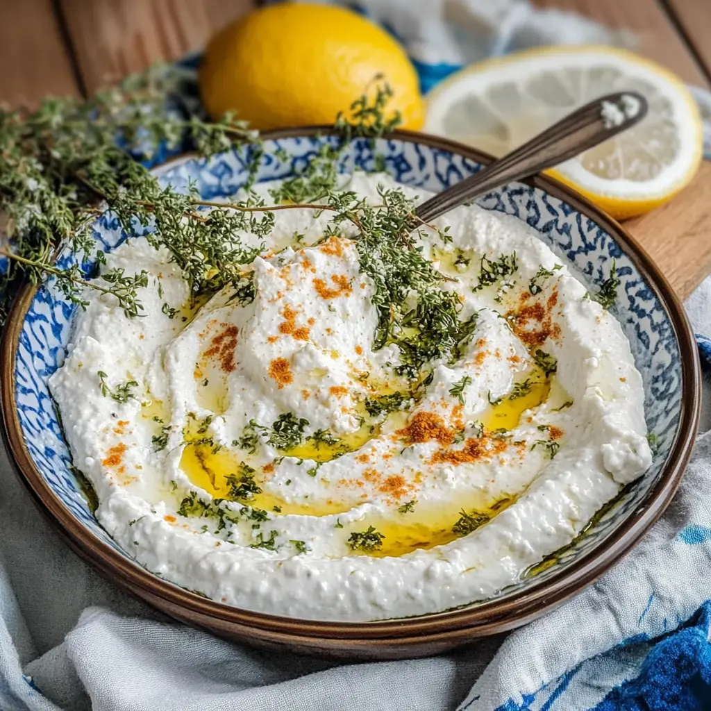 Un bol de trempette crémeuse au fromage, garnie d'huile d'olive, de thym et de paprika, à côté d'un citron et de tranches de citron.