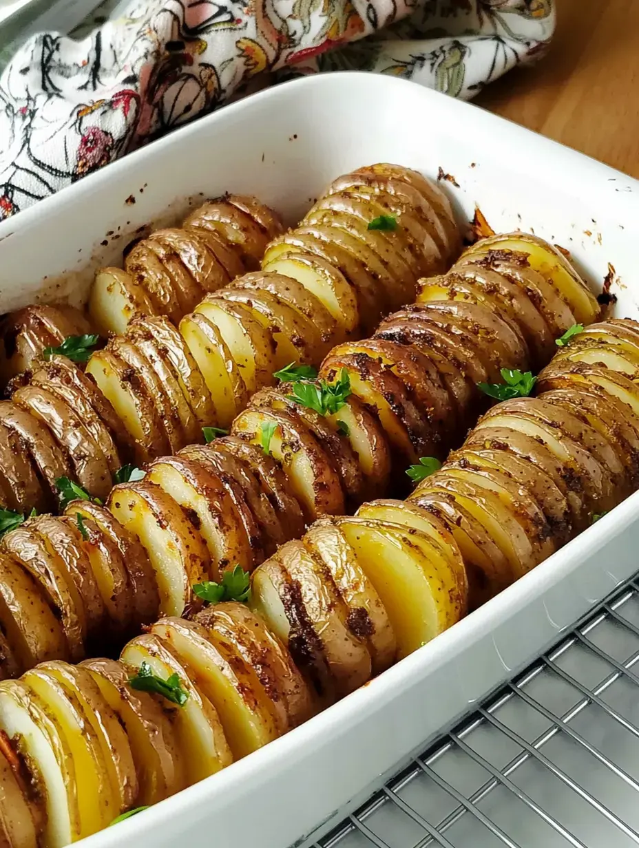 Un gratin de pommes de terre coupées en tranches, dorées et garnies de persil vert.