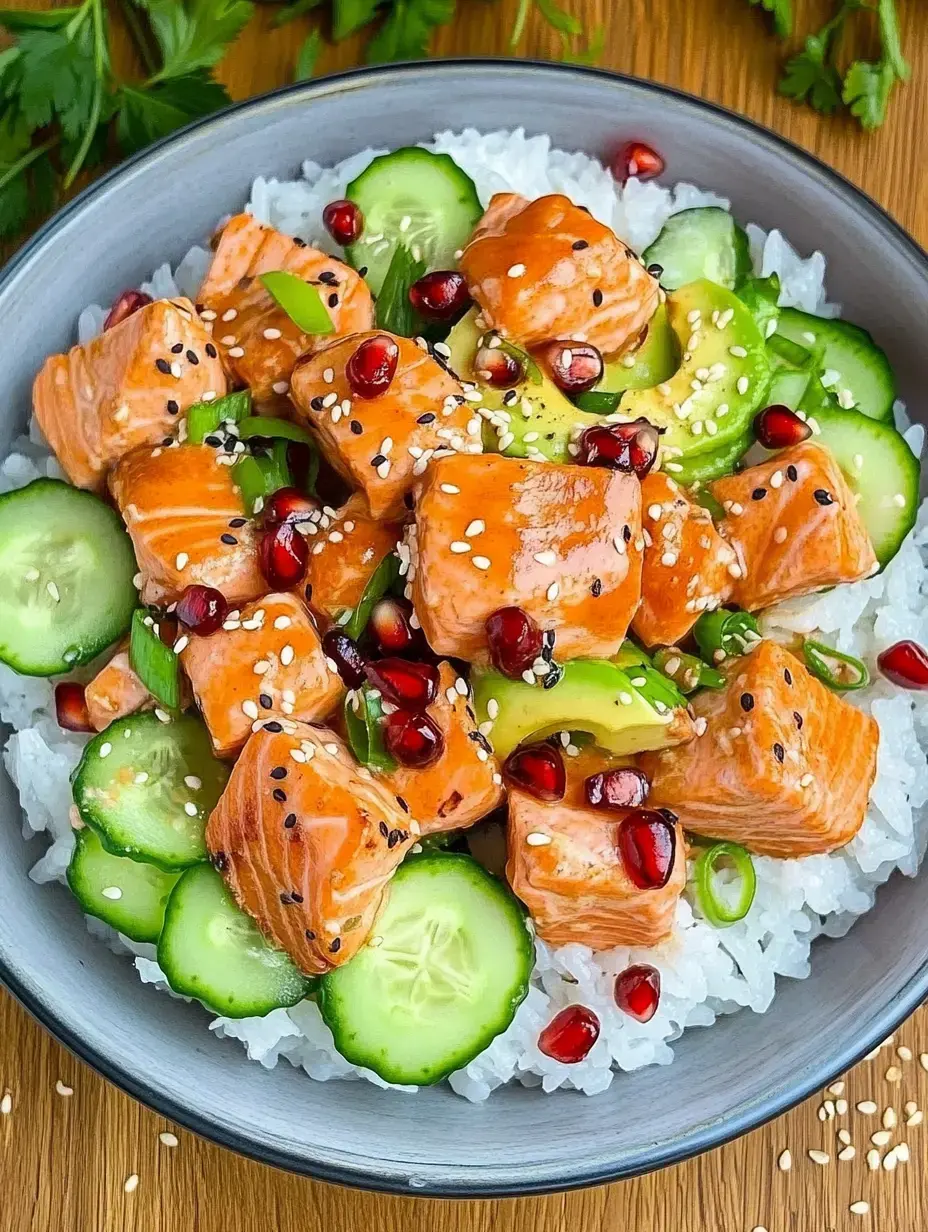 Un bol contenant du riz à sushi, du saumon mariné, des tranches de concombre, des graines de grenade et des oignons verts, garni de sésame noir et blanc.