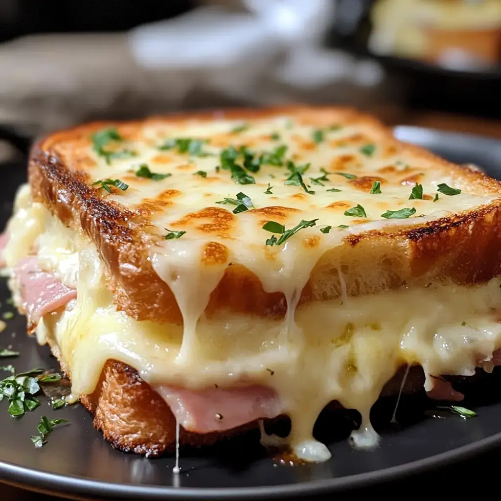 Un sandwich au fromage grillé avec du fromage fondu, du jambon et des herbes fraîches sur une assiette noire.