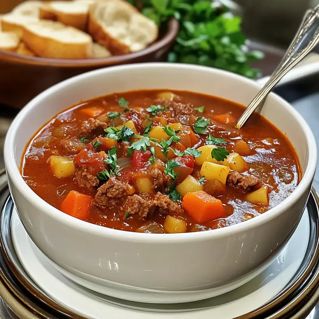 Un bol de ragoût savoureux avec viande, légumes et herbes, accompagné de pain frais en arrière-plan.