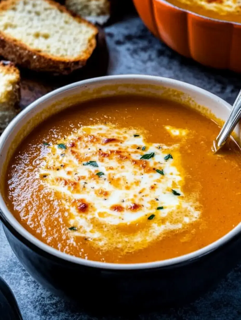 Un bol de soupe à la tomate avec du fromage fondu et des herbes fraîches, entouré de pain croustillant.