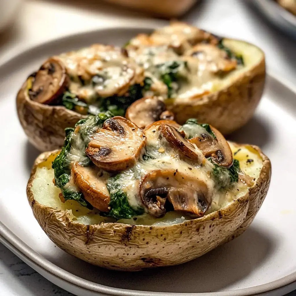 Pommes de terre farcies avec épinards, champignons et fromage fondu sur une assiette.
