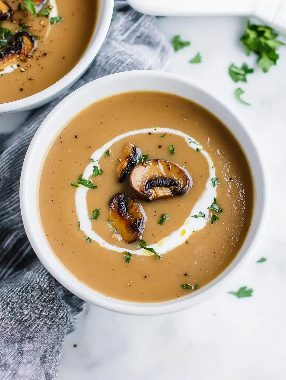 Un bol de soupe crémeuse avec des champignons, une touche de crème et des herbes fraîches, servi sur une surface claire.