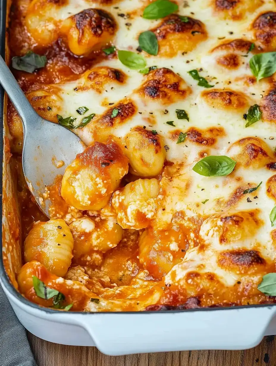 Un plat de pâtes avec gnocchi, sauce tomate et fromage fondu, garni de basilic frais.