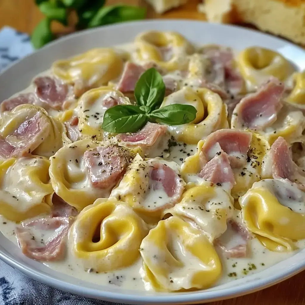 Un bol de tortellini dans une sauce crémeuse, garni de basilic frais et de morceaux de jambon.