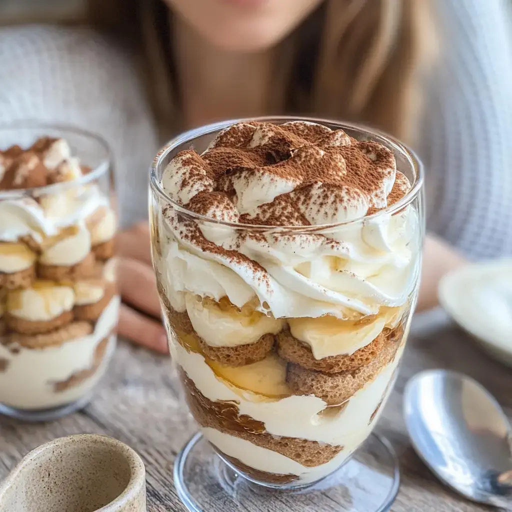 Un verre de dessert tentant avec des couches de bananes, crème, biscuits et garniture de cacao.