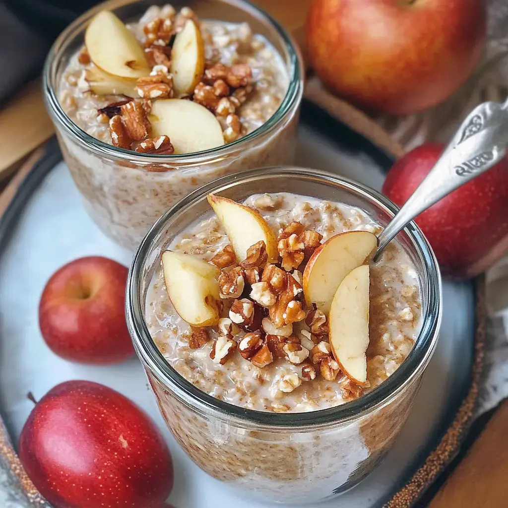 Un gros plan de deux verres de porridge garnis de tranches de pomme et de noix hachées, entourés de pommes rouges.