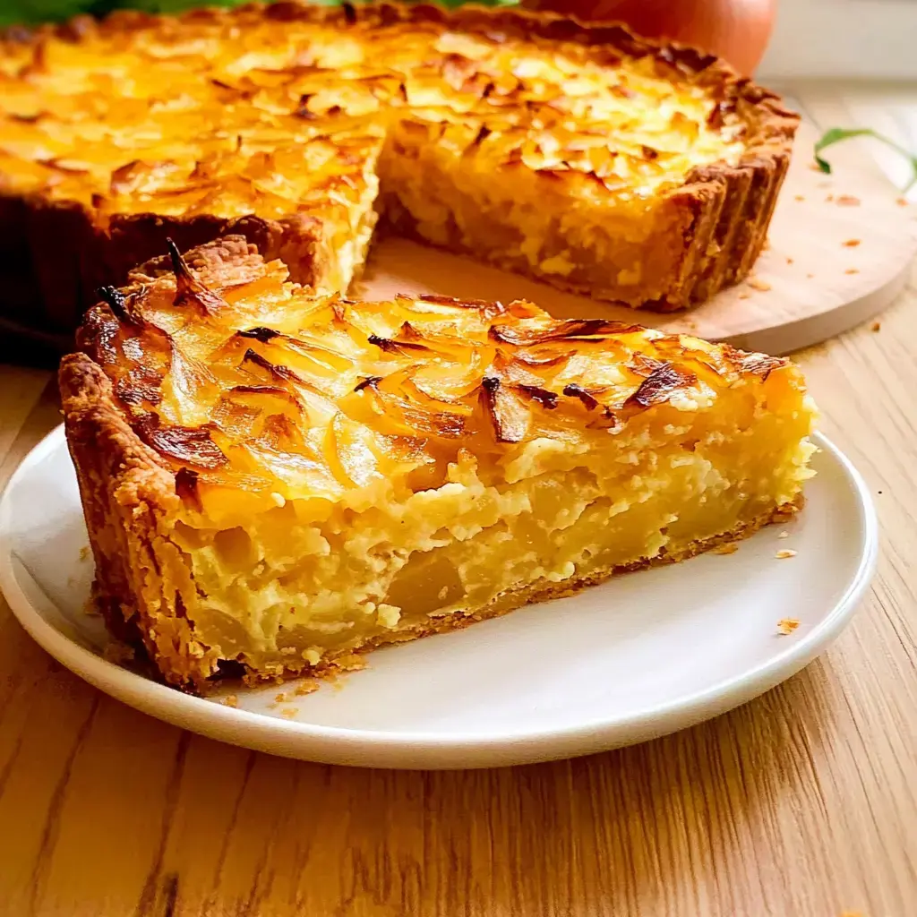 Une part de tarte aux pommes avec une croûte dorée et une garniture fruitée sur une assiette blanche.
