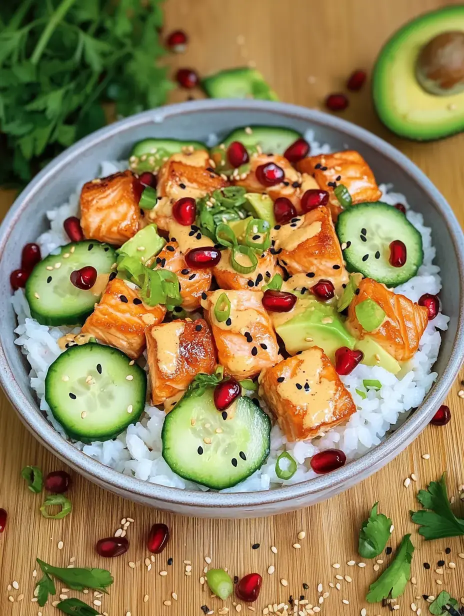 Un bol contenant du riz, du saumon grillé, des tranches de concombre, des graines de grenade et de l'avocat, garni d'oignons verts et de sésame.