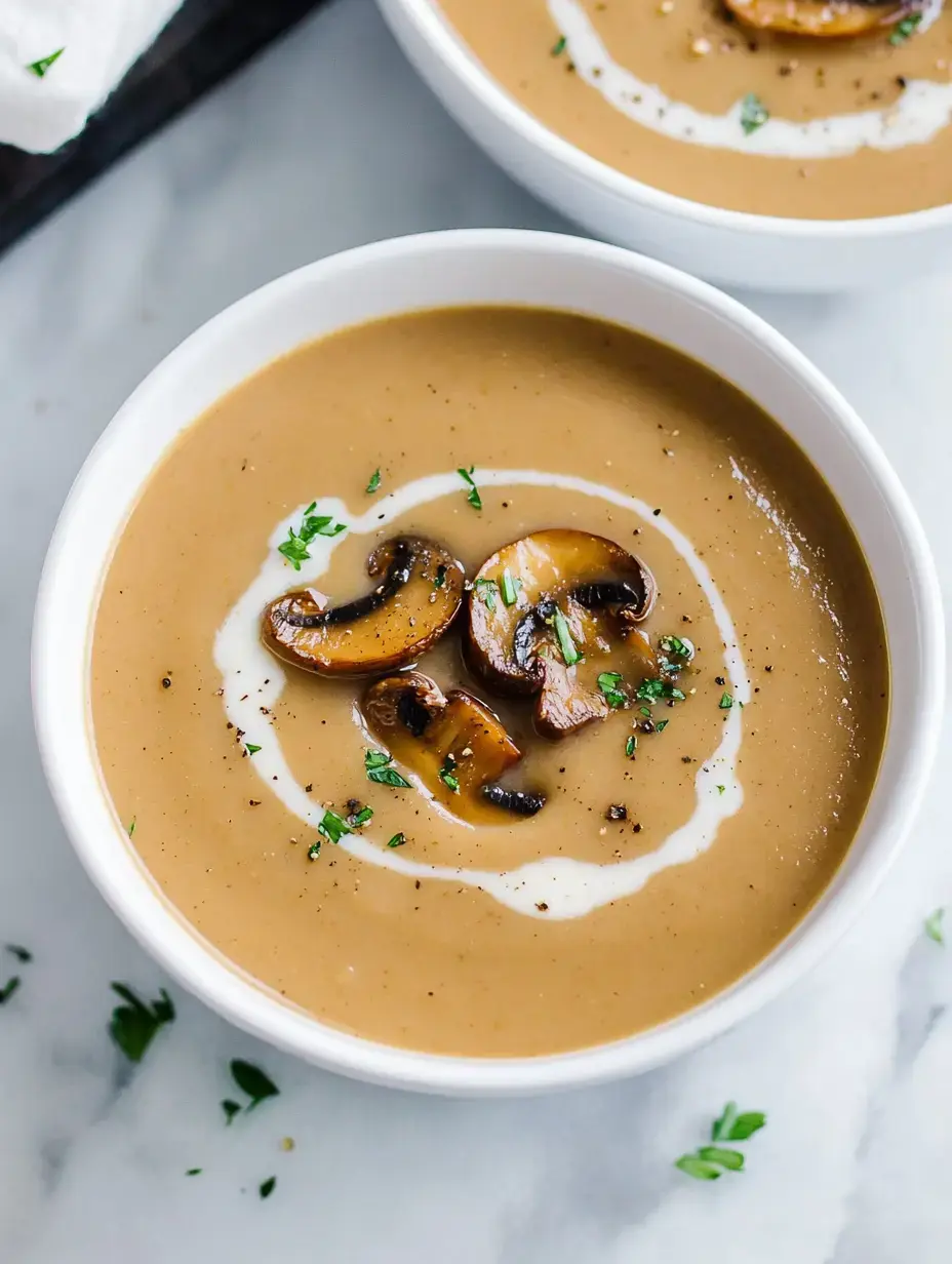 Un bol profond de soupe crémeuse aux champignons, garnie de champignons poêlés et d'un filet de crème.