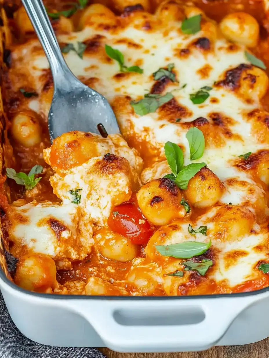 Un gratin avec gnocchi, sauce tomate, fromage fondu et herbes fraîches.
