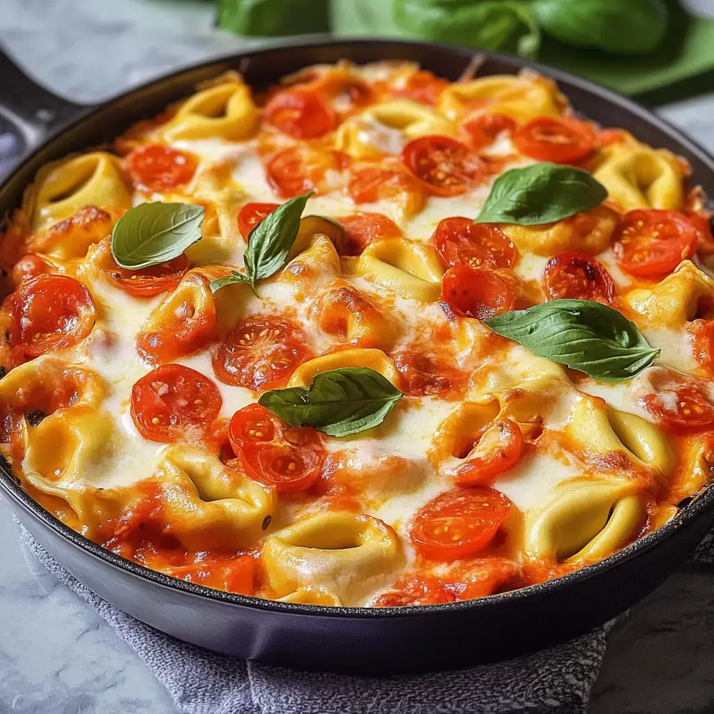 Un plat de tortellini gratinés avec sauce tomate, mozzarella et feuilles de basilic frais.
