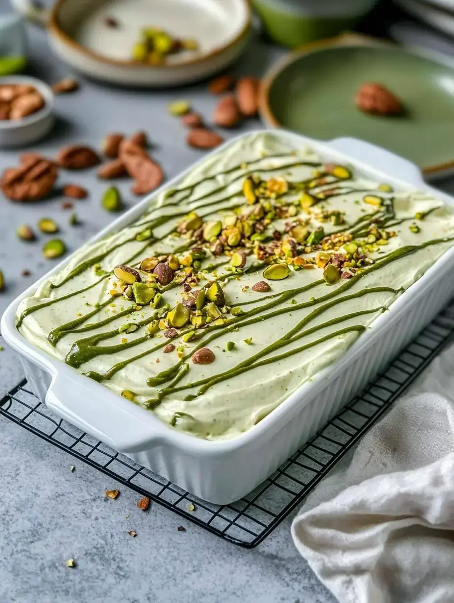 Un dessert dans un plat blanc, couvert de crème verte, garni de pistaches hachées et d'un coulis vert, entouré de noix et d'assiettes sur une table grise.