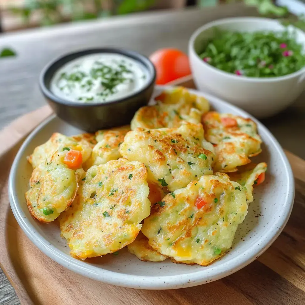Une assiette de galettes de pommes de terre dorées, servies avec un bol de sauce au yaourt et un bol de légumes frais.