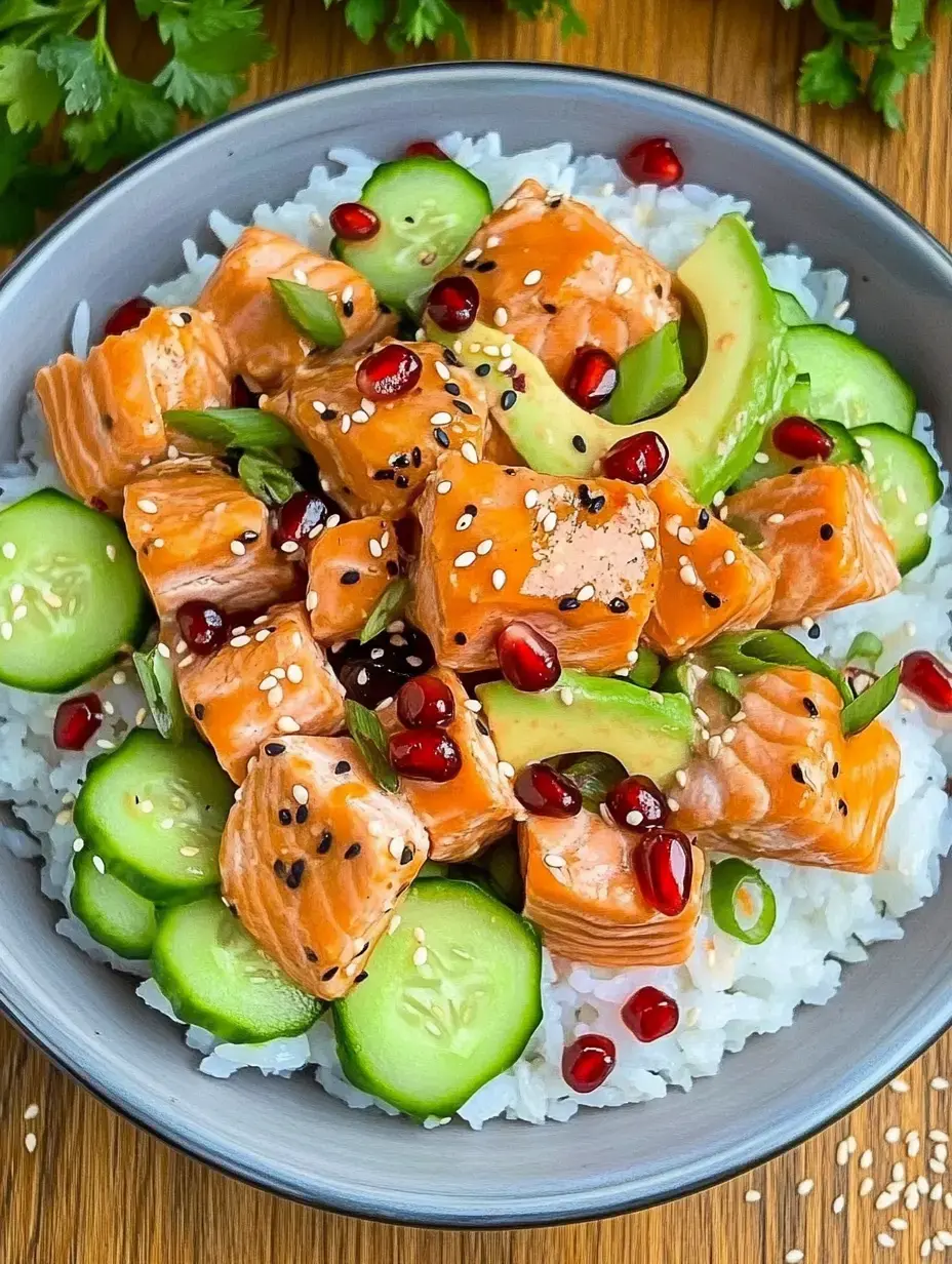 Un bol contenant du riz, du saumon mariné, des tranches de concombre, des graines de grenade et du sésame, garni d'oignons verts.