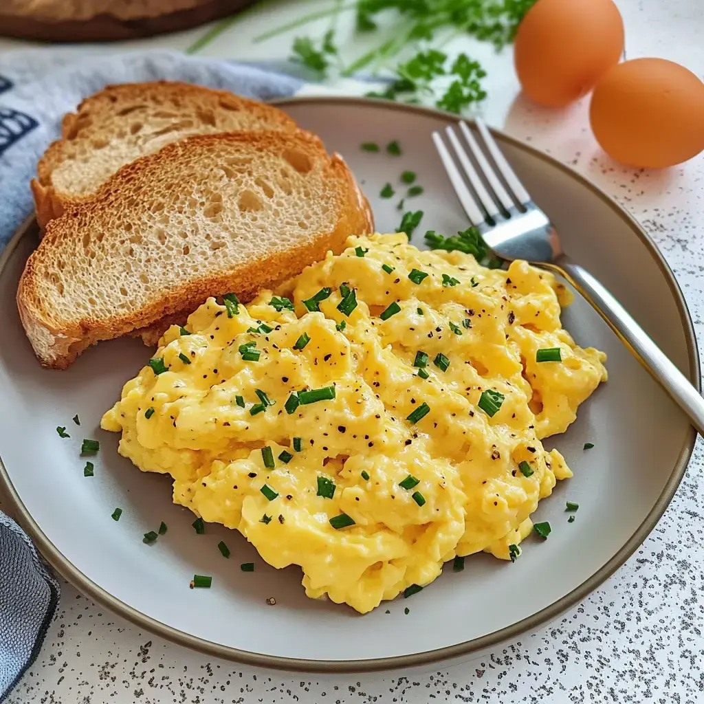 Une assiette d'œufs brouillés garnie de ciboulette, avec deux tranches de pain et deux œufs en arrière-plan.
