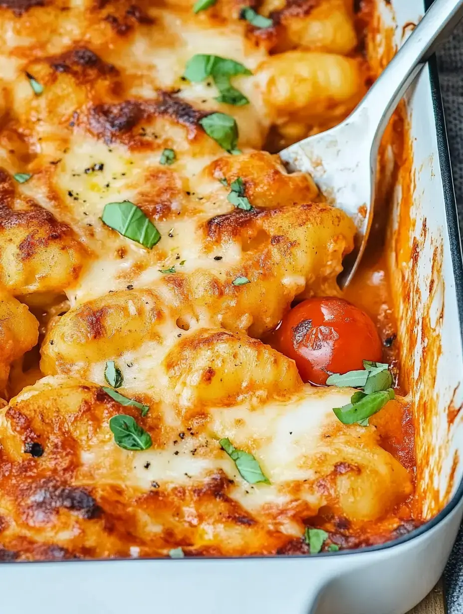 Un gratin avec gnocchi, tomates et fromage fondu, garni d'herbes fraîches.