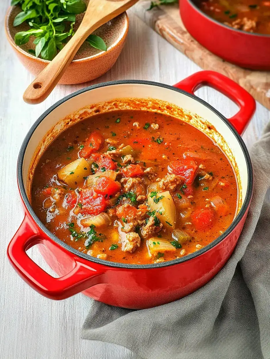 Une marmite rouge contenant un délicieux ragoût avec légumes et viande, posée sur une table, accompagnée d'un bol d'herbes fraîches.
