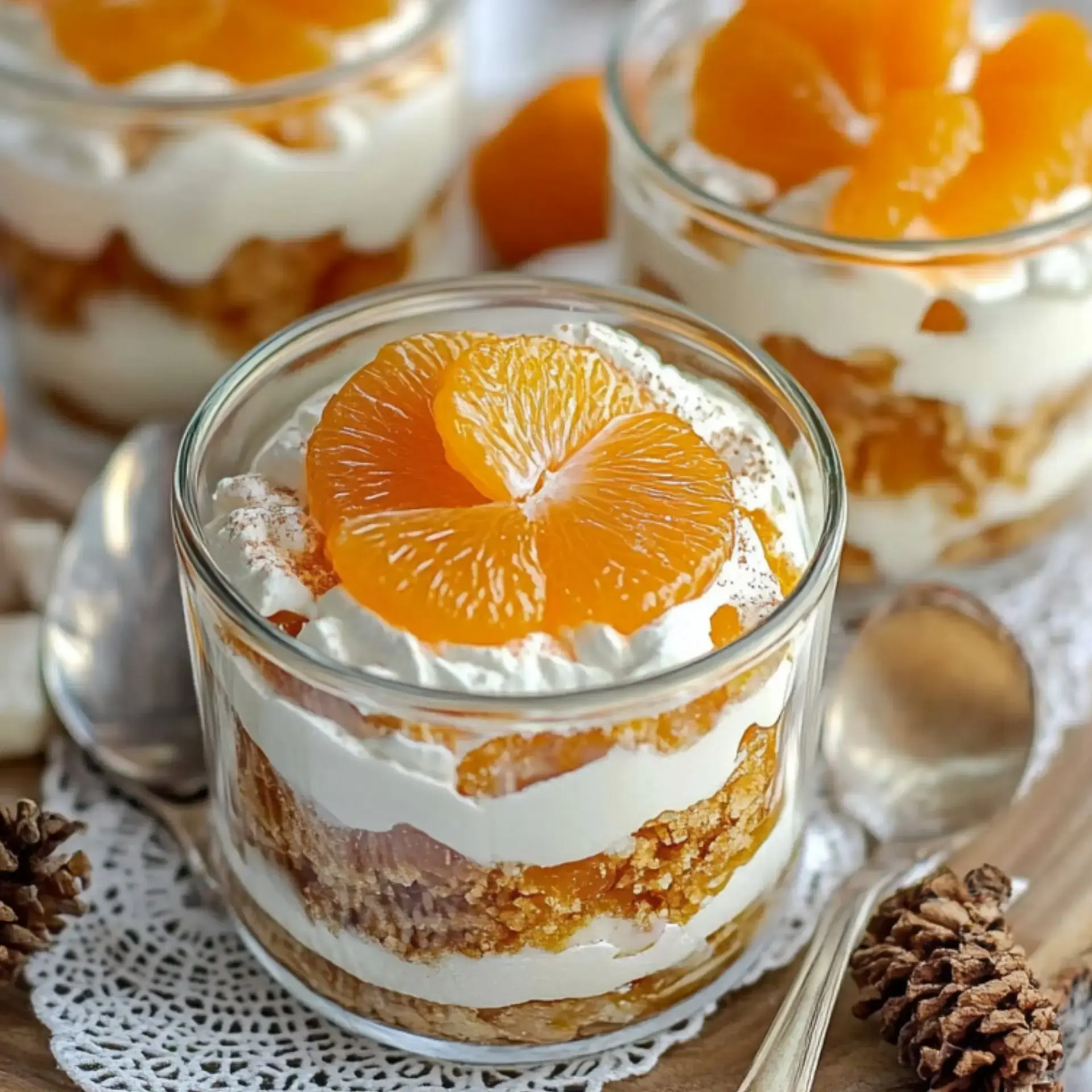 Un verre à dessert avec des couches de crème, biscuits et mandarines, décoré d'une mandarine sur le dessus.