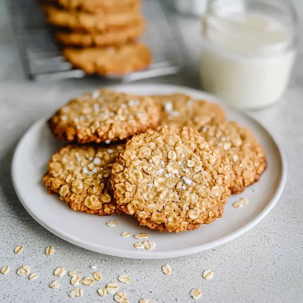 Une assiette de biscuits à l'avoine fraîchement cuits, entourée de flocons d'avoine et un verre de lait en arrière-plan.