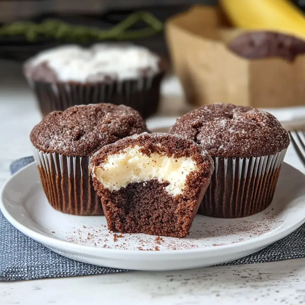 L'image montre trois muffins au chocolat, dont un est coupé sur une assiette pour révéler sa garniture crémeuse et généreuse.