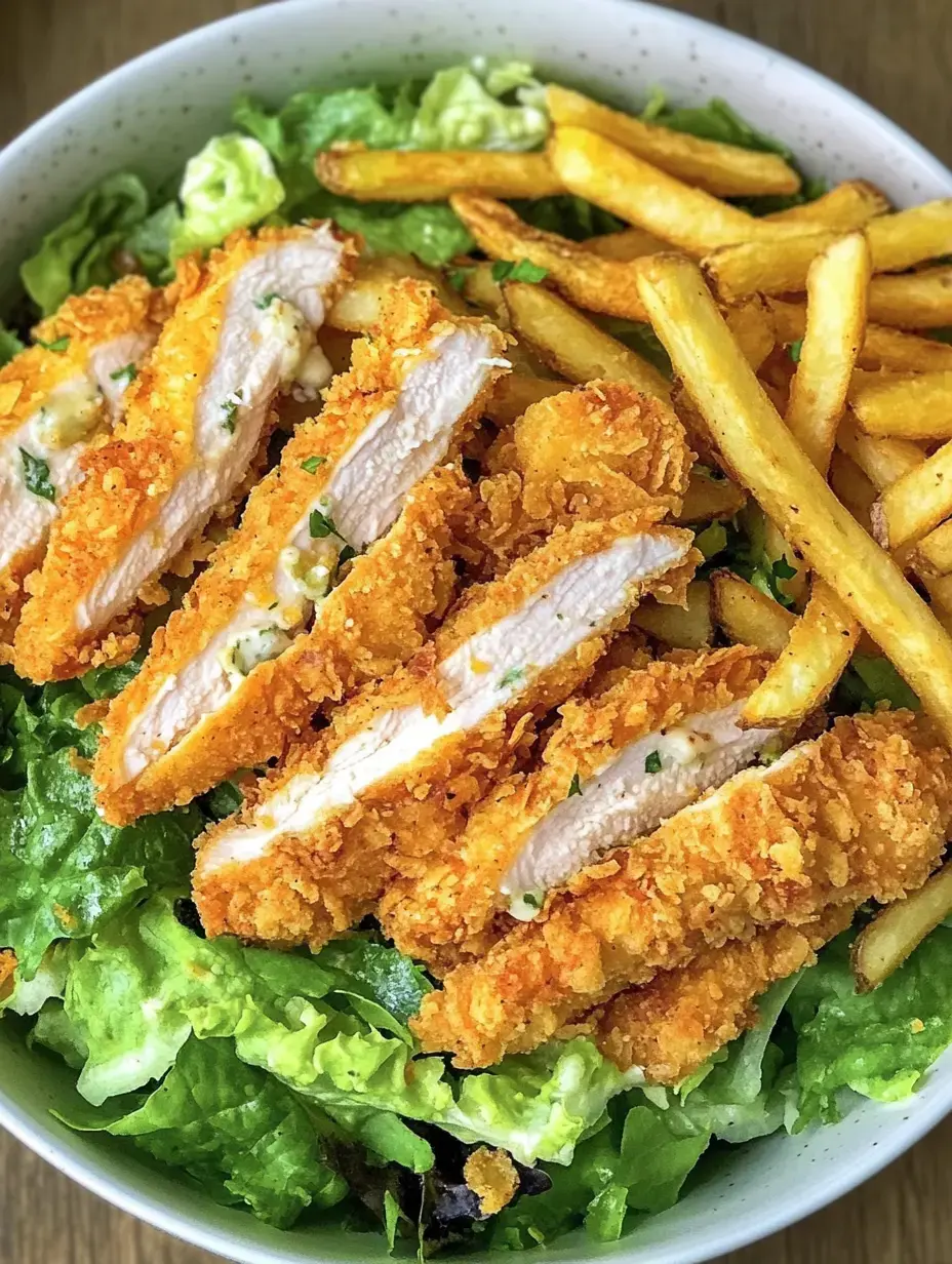 Une assiette avec du filet de poulet croustillant sur un lit de salade fraîche et frites.