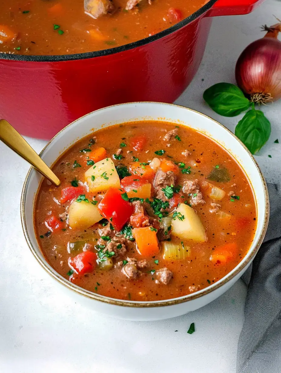 Une assiette de ragoût copieux avec pommes de terre, légumes et viande, placée à côté d'une grande marmite et d'ingrédients frais.