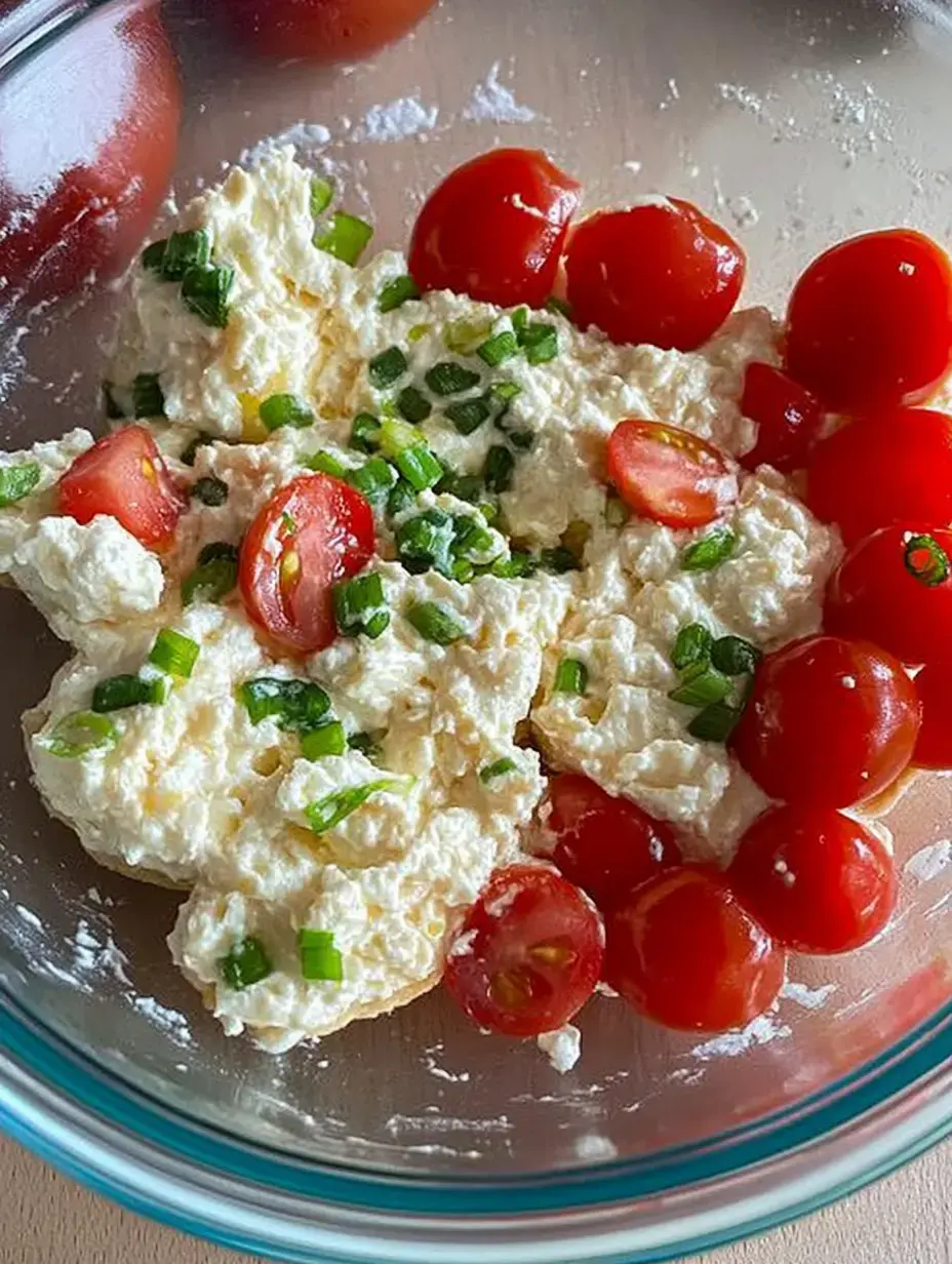 Une Schüssel mit Ricotta, gehackten Frühlingszwiebeln und halbierten Cherrytomaten.
