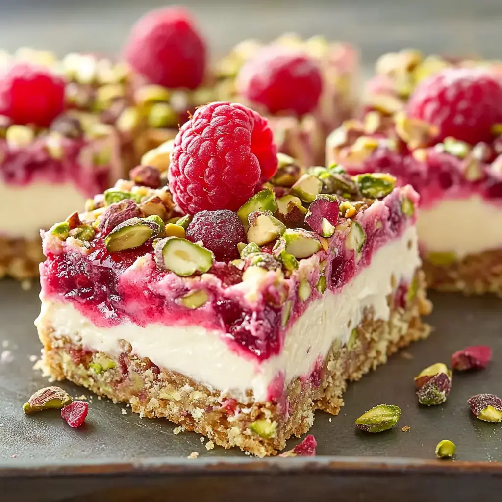 Une part de tarte sablée avec une couche de fromage frais, framboises et pistaches hachées, décorée d'une framboise fraîche.
