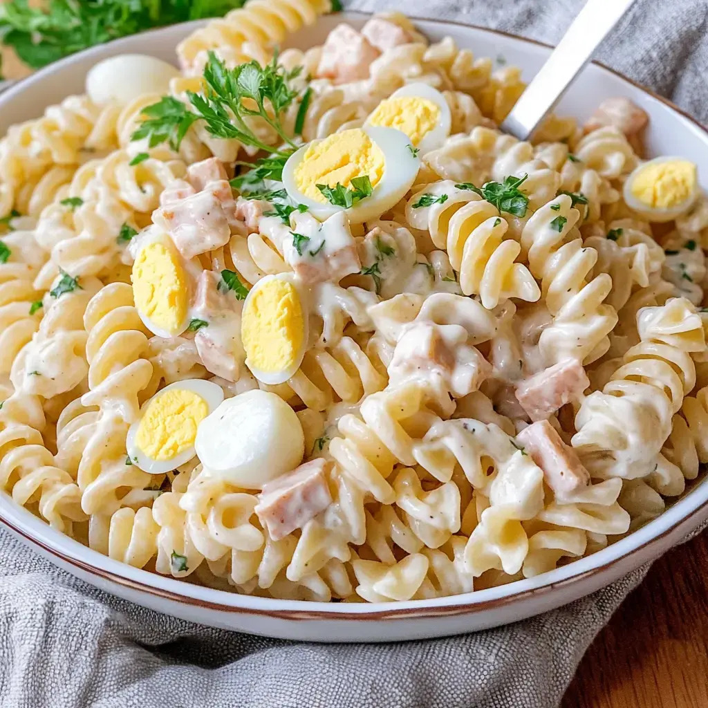 Une assiette de pâtes fusilli dans une sauce crémeuse, garnie d'œufs coupés, de morceaux de jambon et de persil frais.